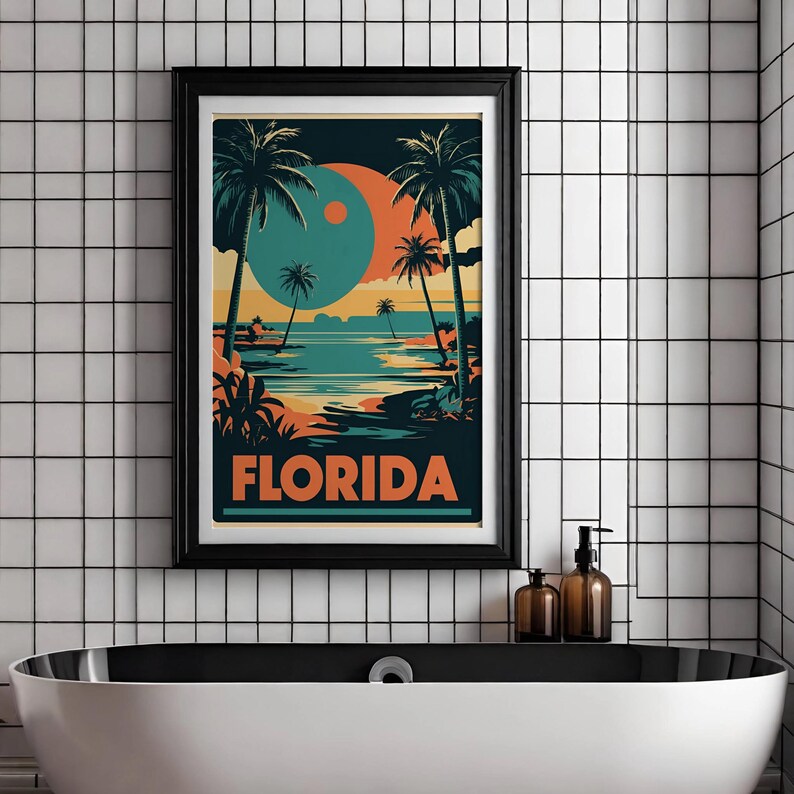 Peut inclure: Une affiche de style r&eacute;tro avec un fond bleu fonc&eacute; repr&eacute;sentant des palmiers et une grande plan&egrave;te orange et bleue. Le texte "FLORIDA" est imprim&eacute; en orange et blanc en bas de l'affiche.