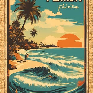 May include: A vintage travel poster for Florida with a palm tree, a beach, ocean waves, and a setting sun. The text on the poster reads "Florida" and "Flonda".