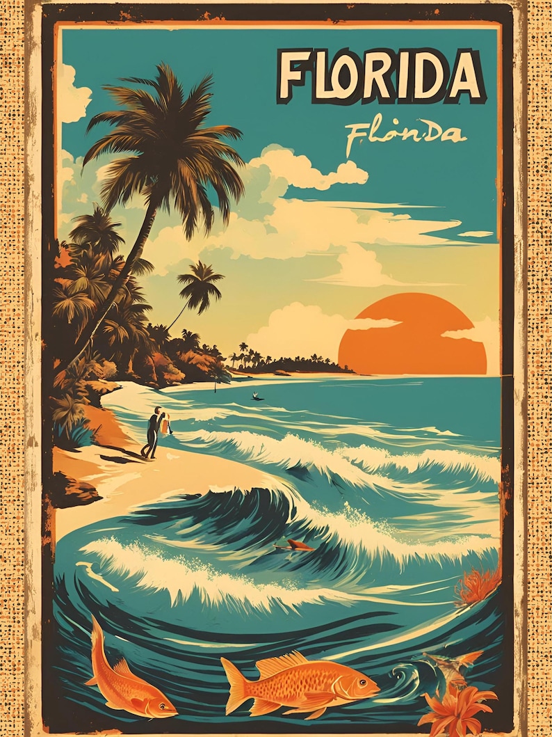 May include: A vintage travel poster for Florida with a palm tree, a beach, ocean waves, and a setting sun. The text on the poster reads "Florida" and "Flonda".