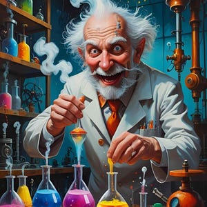 Peut inclure: Illustration d'un scientifique fou en blouse blanche, expérimentant avec des liquides colorés dans des béchers en verre. De la vapeur s'élève de la tête du scientifique et des béchers, créant une scène dynamique. Le laboratoire est rempli d'équipement scientifique.