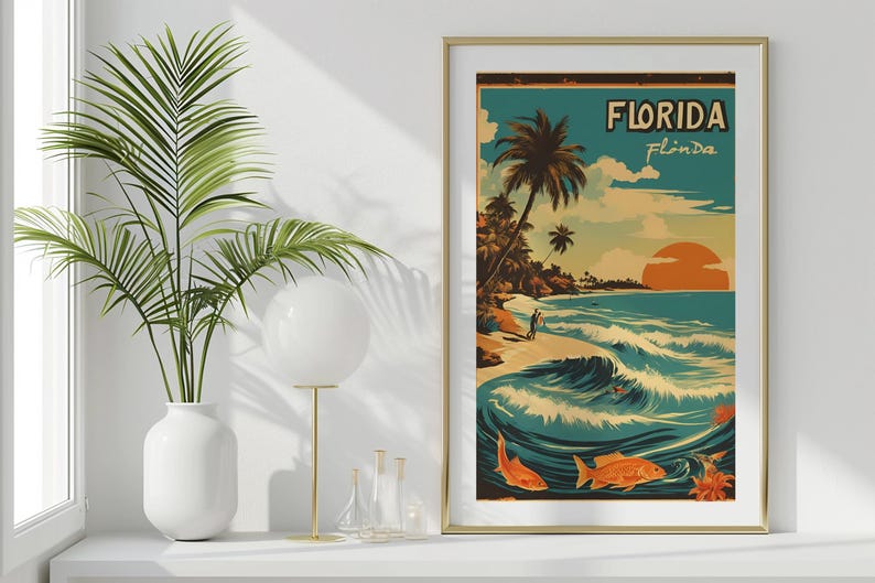 May include: A vintage-style travel poster for Florida with a palm tree, ocean waves, and two fish. The poster has a blue, green, and orange color scheme and the text "FLORIDA" and "Flinda" in a retro font.