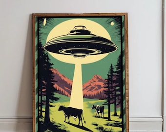 UFO Abducting Cow UFO Art UFO Digital Prints Ufo Pictures Retro Ufo Poster Alien Ufo Wallpaper Ufo Posters Download Ufo Digital Download Ufo