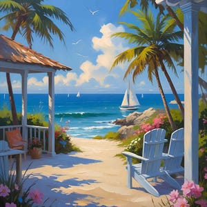 Peut inclure: Peinture de paysage côtier avec un sentier sablonneux menant à la mer, encadré de palmiers et d'un gazebo blanc. Deux chaises Adirondack bleues font face à l'océan, avec des voiliers à l'horizon. Des fleurs roses et de la verdure ajoutent de la couleur.