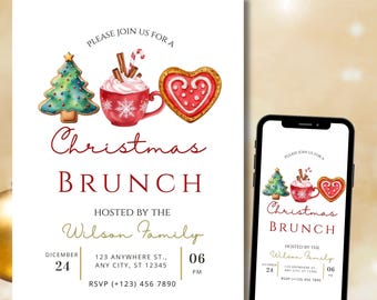 May include: A Christmas Brunch invitation featuring watercolor illustrations of a Christmas tree, a cup of hot cocoa, and a heart-shaped cookie. The invitation includes the text "Christmas Brunch" and details for the event, hosted by the Wilson Family.