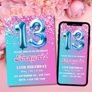 Modèle modifiable d'Invitation rose pour le 13e anniversaire, invitation numérique à une fête de paillettes pour les filles, impression pour treizième anniversaire