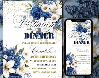 Blue Editable Floral Birthday Party Invitation Template, Blue Printable Dinner Invite, Birthday Evites for Women, Phone Text Ecard Download