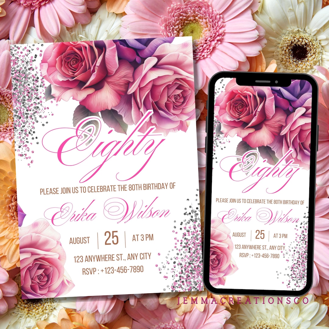 80th Floral Birthday Party Invitation, Summer Eightieth Party Invite ...