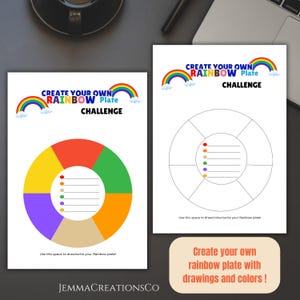 Puede incluir: Hoja de actividad imprimible con el texto "Crea tu propio plato arco&iacute;ris - Desaf&iacute;o". La hoja incluye un c&iacute;rculo dividido en seis secciones, cada secci&oacute;n representa un color del arco&iacute;ris. Hay l&iacute;neas para escribir o dibujar en cada secci&oacute;n.