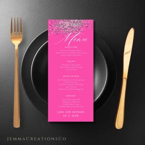 Modello di menu di compleanno modificabile rosa acceso, menu da tavolo elegante, menu glitterato stampabile, menu di compleanno moderno rosa