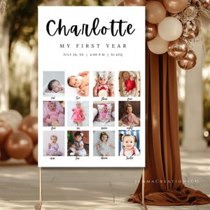 Modello di cartello per il primo compleanno, poster stampabile per il primo anno del bambino, bacheca modificabile per le tappe fondamentali, cartello fotografico moderno per il primo compleanno