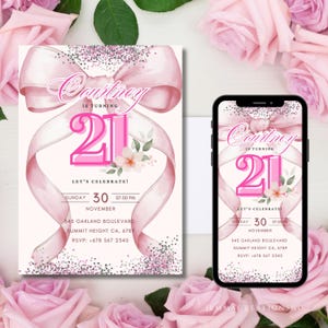 Pink Bow 21st Birthday Invitation Girl, Printable Twenty One Birthday Invite Template, Pink Coquette Bow Evite, Digital Birthday Ecard