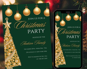Editable Christmas Dinner Invitation Template Green, Christmas Tree Invite Gold, Christmas Party Announcement, Holiday Printable Invite
