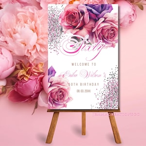 60TH Pink Floral Birthday Welcome Sign Printable Template, 60TH Editable Pink Glitter Welcome Party Poster, Roses  Entrance Sign for Women