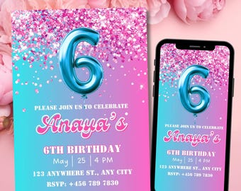 Editable Pink 6th Birthday Invitation Template, Digital Rainbow Foil Glitter Party Invite for Girls, Sixth Birthday Printable Evite Download