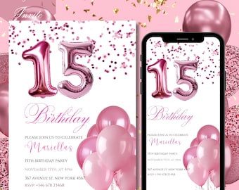 Pink Glitter 15th Birthday Invitation Template, Blush Editable Birthday Invite for 15 year old Printable Birthday Party DIY Download