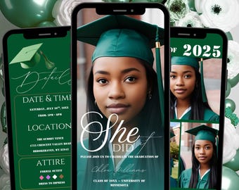 Plantilla de invitación digital moderna de graduación 2025, verde, anuncio minimalista de graduación universitaria, invitación a ceremonia de graduación con varias fotos