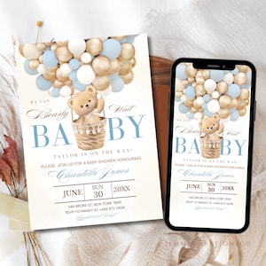 Modello modificabile per invito baby shower a forma di orso, invito a forma di palloncino a forma di orso blu, invito baby shower a forma di orso maschio, download immediato