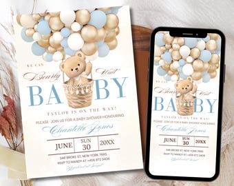 Editable Bear Baby Shower Invitation Template, Bear Balloon Invitation Blue, Boy Bearly Wait Baby Shower Invite, Instant Download