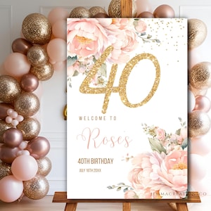 40TH BLUSH Floral Birthday Welcome Sign Printable Template, 40TH Editable GOLD Welcome Party Poster, Roses Glitter Entrance Sign for Women