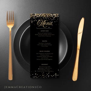 Editable Black Birthday Menu Card Template Gold, Table Menu Printable Glitter, Modern Birthday Menu Black