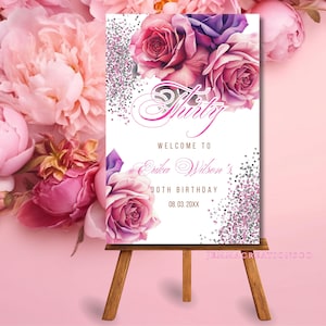 30TH Pink Floral Birthday Welcome Sign Printable Template, 30TH Editable Pink Glitter Welcome Party Poster, Roses  Entrance Sign for Women