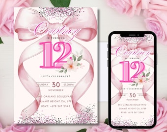 Pink Bow 12th Birthday Invitation Girl, Printable Twelfth Birthday Invite Template, Pink Coquette Bow Evite, Digital Birthday Ecard Editable