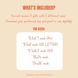 Puede incluir: Texto sobre un fondo melocot&oacute;n que dice "What's Included?" y "You will receive 5 pdfs with 5 different sizes. Download your preferred size and print or use digitally!" El texto "THE SIZES:" va seguido de una lista de cinco tama&ntilde;os en pulgadas: 8.3x11.7 (A4), 8.5x11 (US LETTER), 11.7x16.5 (A3), 18x24 y 24x36.