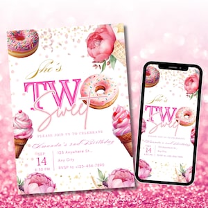 Two Sweet 2ND Birthday Invitation Template Digital Girl Second Birthday Invitation Printable Donut Theme Party 2nd Birthday Evite Editable