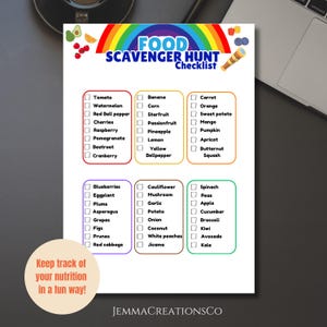 Puede incluir: Una lista de verificaci&oacute;n de b&uacute;squeda del tesoro de alimentos imprimible con un borde de arco&iacute;ris. La lista incluye una variedad de frutas y verduras, organizadas por color. El texto "FOOD SCAVENGER HUNT Checklist" est&aacute; en la parte superior de la p&aacute;gina.