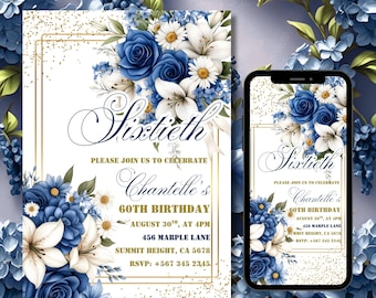 Sixtieth Floral Birthday Party Invitation Template, 60th Blue Printable Dinner Invite, Birthday Evites for Women, Phone Text Ecard Download