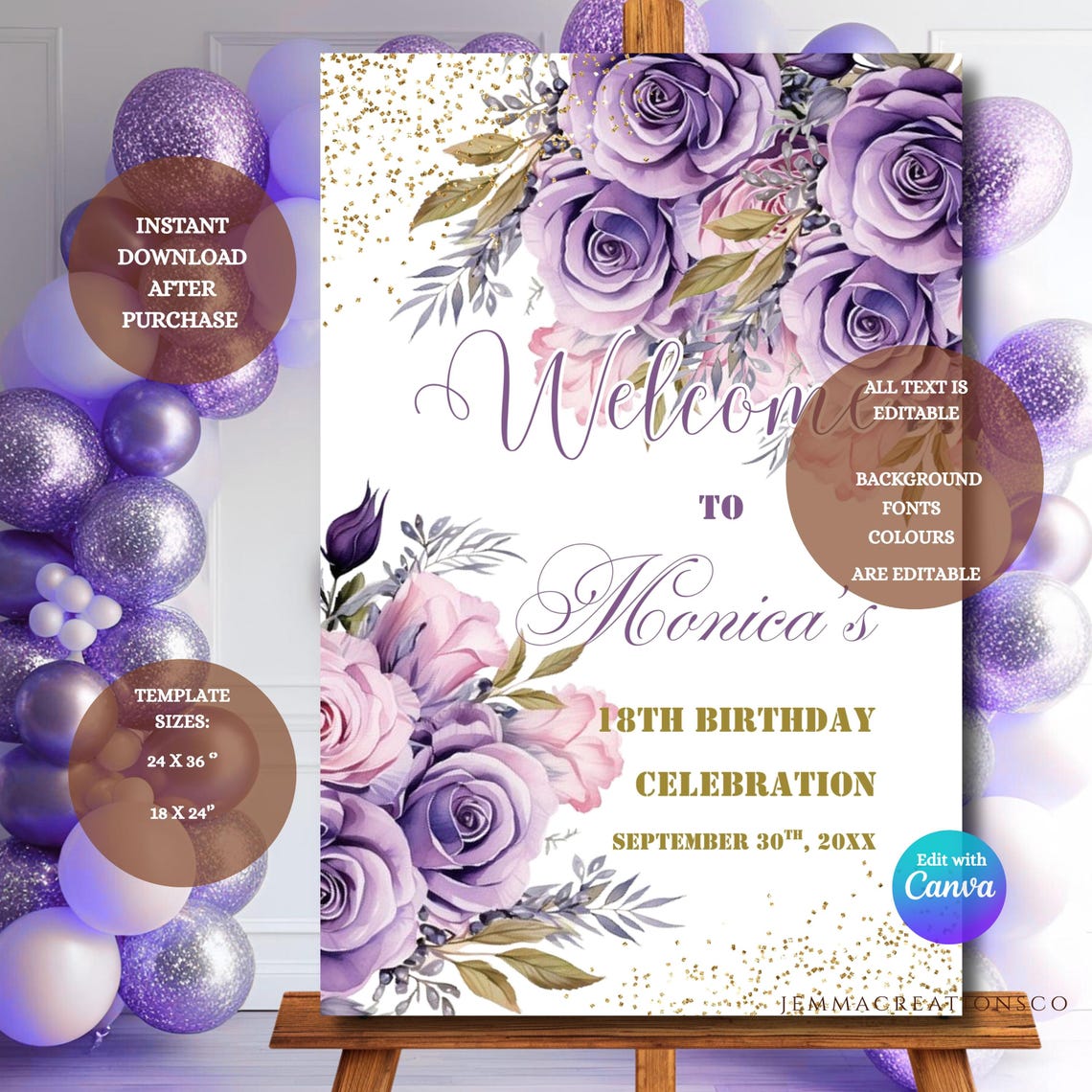 Purple Floral Birthday Welcome Sign Printable Template, Editable Lilac ...