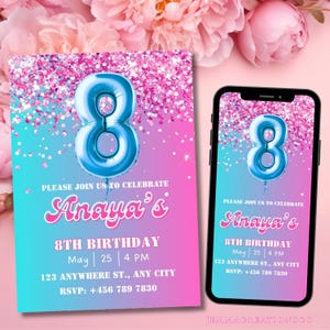 Editable Pink 8th Birthday Invitation Template, Digital Rainbow Foil Glitter Party Invite for Girls, Eightieth Birthday Printable Evite
