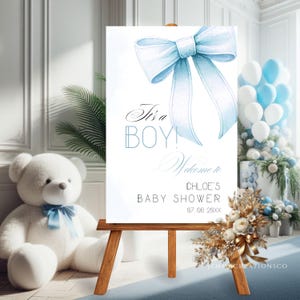 Blue Bow Baby Shower Welcome Sign Template, Printable Boy Baby Shower Welcome Sign, Bow Baby Shower Sign Editable, It&#39;s a boy Shower Poster