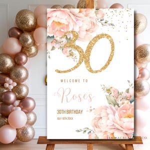 Modèle imprimable de plaque de bienvenue florale anniversaire 30e BLUSH, 30e affiche de fête de bienvenue or modifiable, plaque d'entrée scintillante roses pour femme