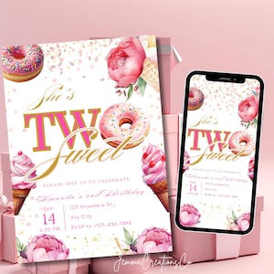Two Sweet 2ND Birthday Invitation Template Digital Girl Second Birthday Invitation Printable Donut Theme Party 2nd Birthday Evite Editable