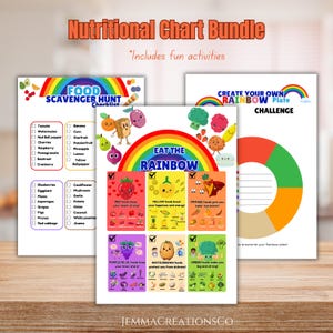 Puede incluir: Un paquete de tablas de nutrici&oacute;n imprimibles para ni&ntilde;os con tem&aacute;tica de arco&iacute;ris. La tabla incluye una lista de verificaci&oacute;n de b&uacute;squeda de alimentos, una tabla de "Come el arco&iacute;ris" con alimentos de diferentes colores y un desaf&iacute;o de "Crea tu propio plato de arco&iacute;ris".