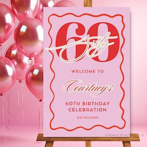 60th PINK Retro Birthday Welcome Sign Template, Sixtieth Wavy Border Welcome Poster Women, Printable Birthday Decor Welcome Board Editable