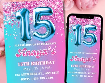 Editable Pink 15th Birthday Invitation Template, Digital Rainbow Foil Glitter Party Invite for Girls, Fifteenth Birthday Printable Evite