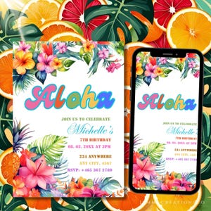 Editable Pineapple Birthday Invitation Tropical Template ANY AGE, Aloha Hawaiian Printable Birthday Party Invite Pink Girl Instant Download