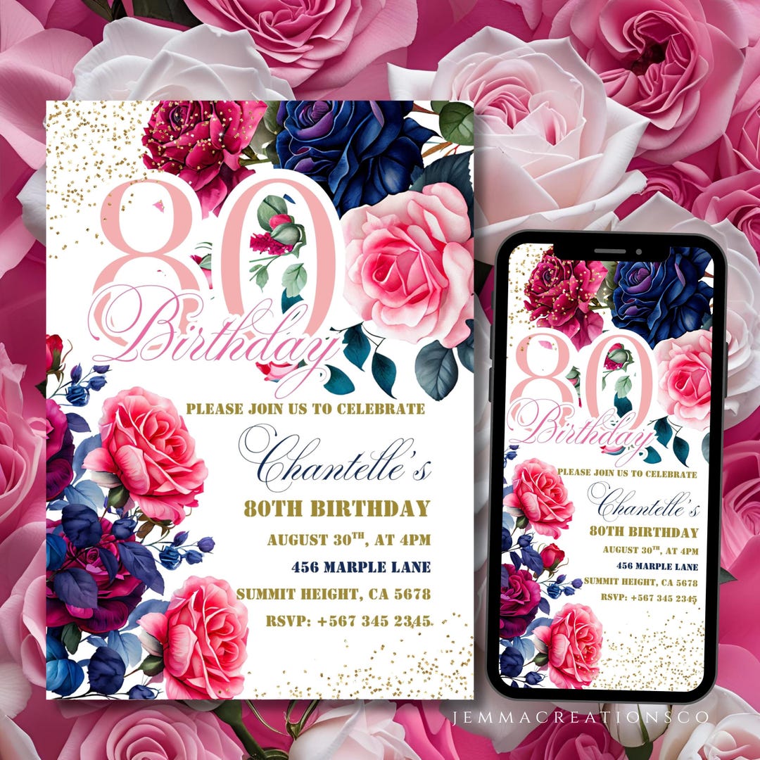 80TH Floral Birthday Invitation Template Blue and Pink Editable ...