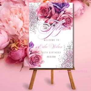 50TH Pink Floral Birthday Welcome Sign Printable Template, 50TH Editable Pink Glitter Welcome Party Poster, Roses  Entrance Sign for Women