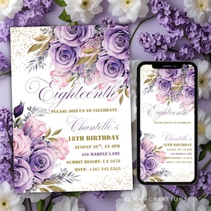 18TH Floral Birthday Invitation Template Purple, Lilac Flowers Editable Eighteenth Birthday Invite Women, Printable 18th Phone Text EVITE