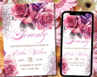 70th Floral Birthday Party Invitation, Summer Seventieth Party Invite, Editable Birthday Evites for Women, Blush Pink Glitter Floral Ecard