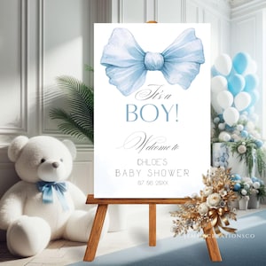 Blue Bow Baby Shower Welcome Sign Template, Printable Boy Baby Shower Welcome Sign, Bow Baby Shower Sign Editable, It&#39;s a boy Shower Poster