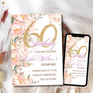 60TH Floral Birthday Invitation Template, Blush Sixtieth Birthday Invite for Women, Printable 60th Birthday EVITE, Instant Download