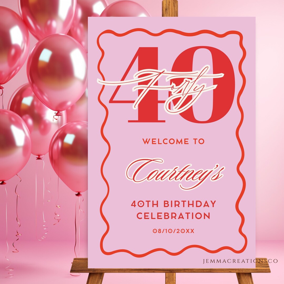 40th PINK Retro Birthday Welcome Sign Template, Fortieth Wavy Border ...