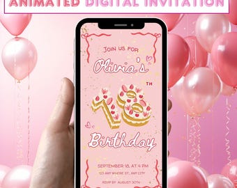 Digital 18th Birthday Invitation, Animated Eighteenth Party Invite For Girls, Retro Cake Birthday Invitation, Editable Pink Coquette Invite
