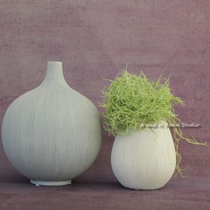 Könnte beinhalten: Zwei Keramikvasen, eine runde und eine ovale, mit einer hellgrünen Glasur. Die runde Vase ist höher als die ovale Vase. Die ovale Vase ist mit grünem Moos gefüllt.