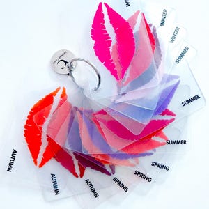 Peut inclure: Un éventail de cartes en plastique transparent maintenues par un anneau métallique. Chaque carte présente une empreinte de lèvres colorée et est étiquetée avec une saison : Winter, Summer, Spring ou Autumn. Une petite étiquette métallique ronde portant le texte Yvonne Cano est fixée à l'anneau.