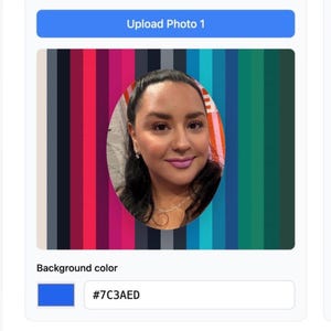 May include: A digital interface element labelled Upload Photo 1 featuring a central oval portrait of a person with dark hair and light purple lipstick, set against a vertical striped background of cream, black, red, magenta, teal, and green.